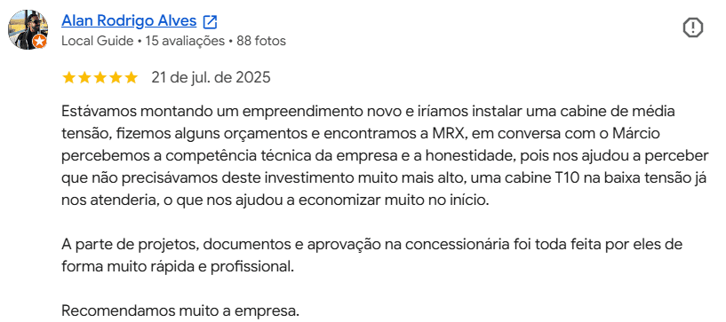 Avaliação de cliente da MRX no Google — 5