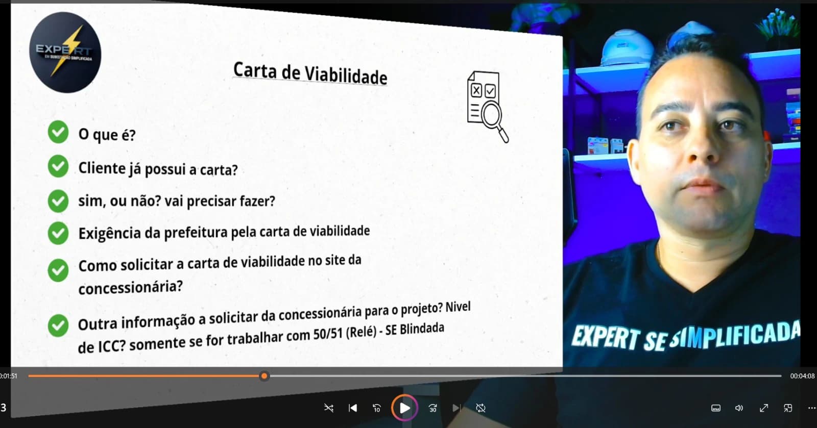 Eng. Márcio Rocha apresenta aula sobre carta de viabilidade no treinamento Expert em Subestação Simplificada